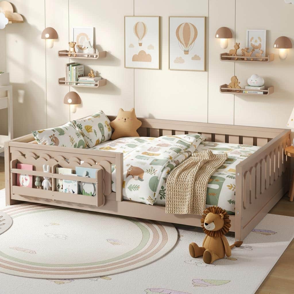 Wood Platform Bed with Guardrails and Built-In Bookshelves by Harper&Bright Designs