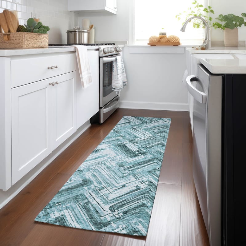 Machine Washable Indoor/ Outdoor Chantille Modern Chevron Rug - Teal - 2'3" x 7'6"