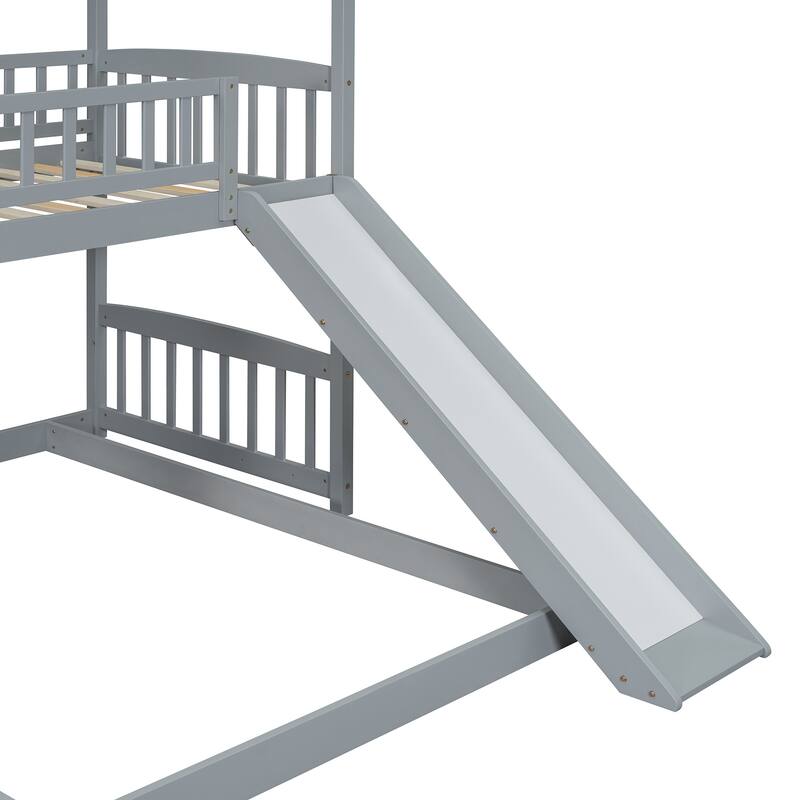 Twin Over Full Bunk Bed with Slide and Storage, Gray