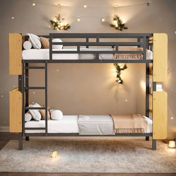 slide 2 of 14, Black Modern Twin Size Metal Bunk Bed ,Storage Platform Beds with Ladder and Shelves Black
