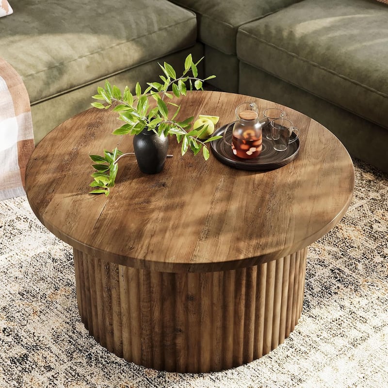 31.5" Farmhouse Round Coffee Table, Circle Center Table with Fluted Drum Base & Wooden Grain Veneer Top
