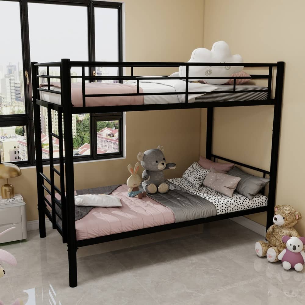 Twin Over Twin Modern Convertible Metal Bunk Bed with Ladders and Guardrail