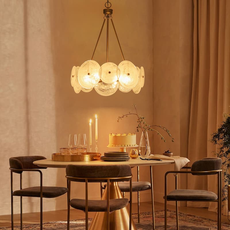 6-Light 20.1" W Modern Luxury Gold Round Chandelier with White Strie Glass for Living Room,Bedroom