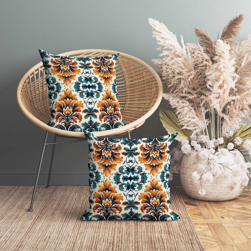 Damask Rapture Indoor/Outdoor Reversible Throw Pillow Turquoise and Orange