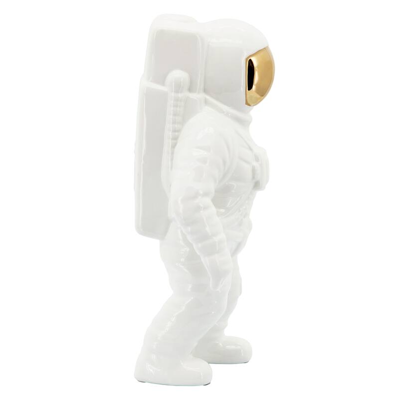 11" Ceramic Astronaut Sculpture Contemporary Modern Metallic Statuette Table Decor For Home or Office Space - 6" x 4" x 11"