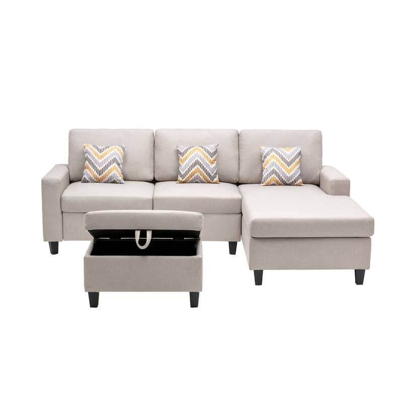 Linen Fabric 4 Piece Reversible Sofa Chaise with Interchangeable Legs, Storage Ottoman, and 3 Pillows in Beige