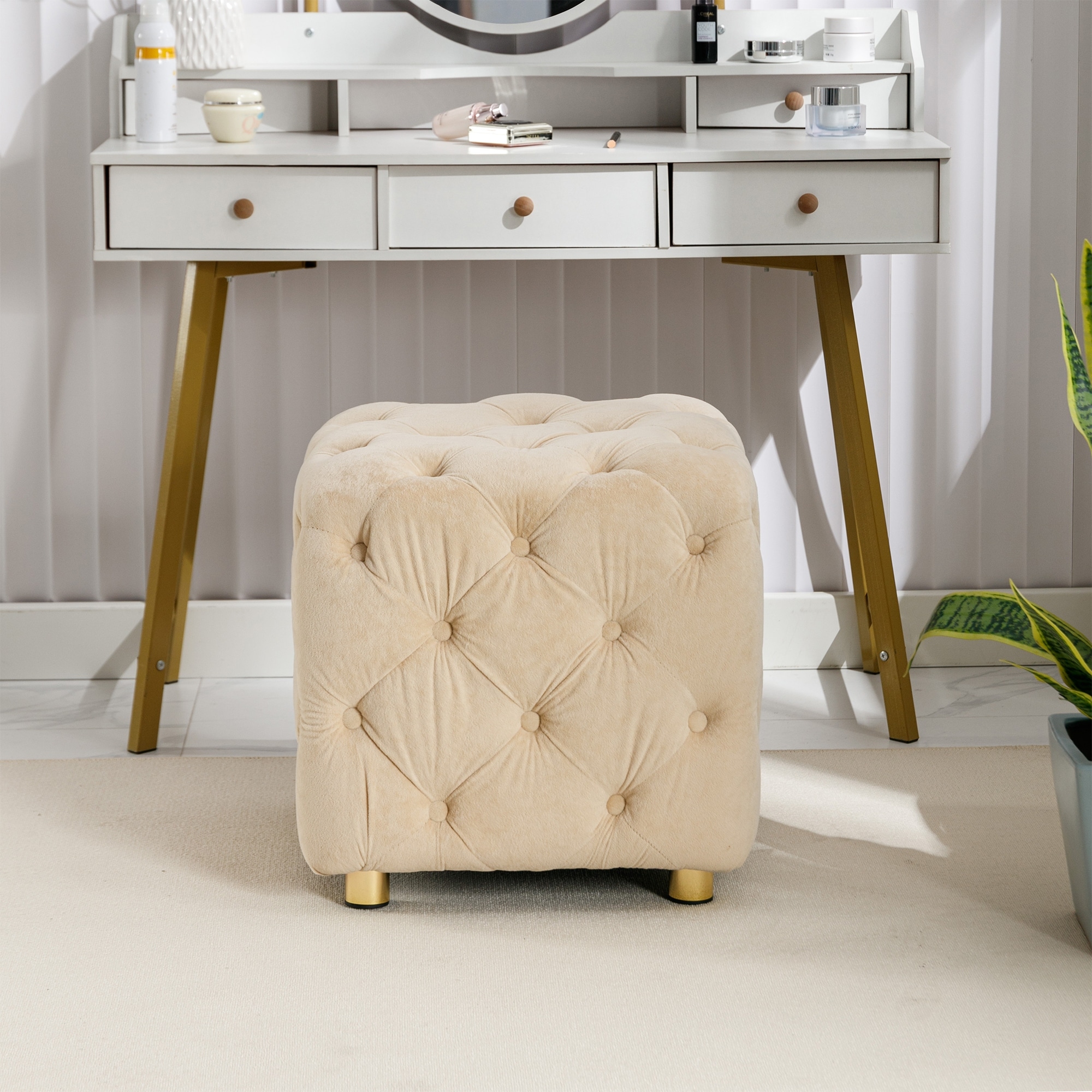 18 inch Modern Velvet Upholstered Cube Ottoman Dressing Makeup Chair