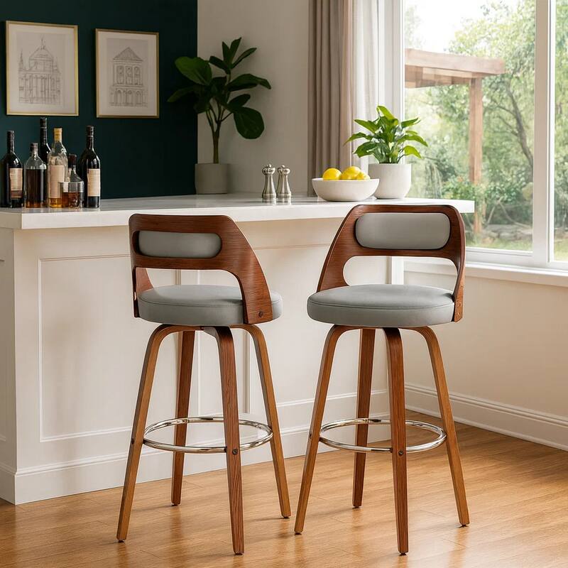 30 Inch Leatherette Barstool with Cut Out Back, Gray and Brown