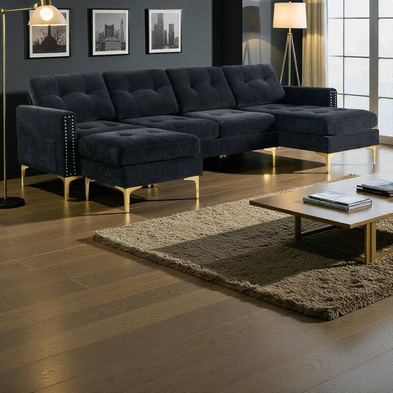 110.6" L-Shaped Convertible Velvet Sectional Sofa with Movable Ottoman and Storage Pockets for Living Room