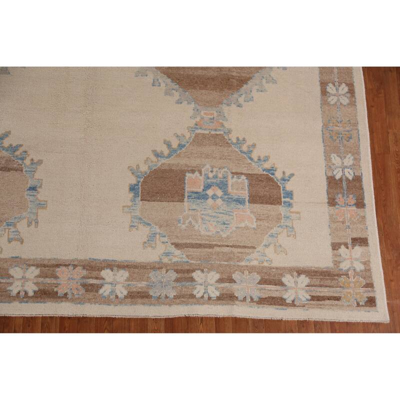 Hand Knotted Oriental 100% Wool Carpet Transitional Geometric Beige & Ivories Oushak Area Rug - 13' 6'' X 10' 3''