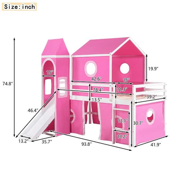 dimension image slide 2 of 4, Kids Bed Wooden Loft Bed with Slide,Tent&Tower