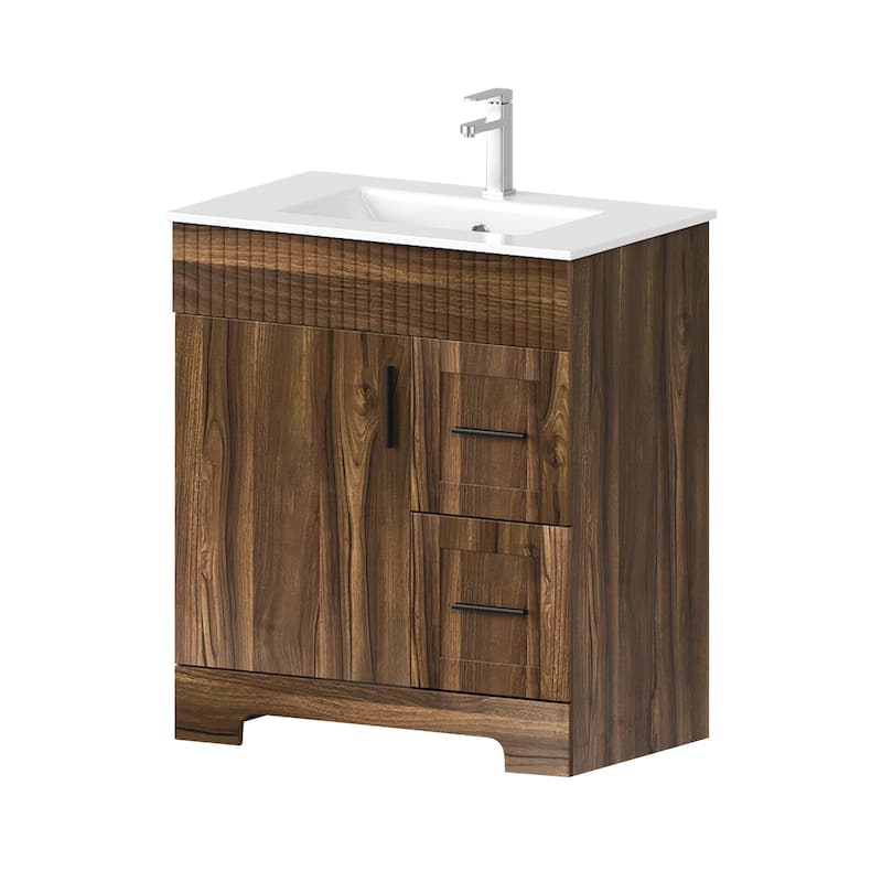 EROMMY Bathroom Vanity with Sink and Faucet, Freestanding Vanity Cabinet with Drawers & Doors, White Ceramic Top - 30'' - Walnut