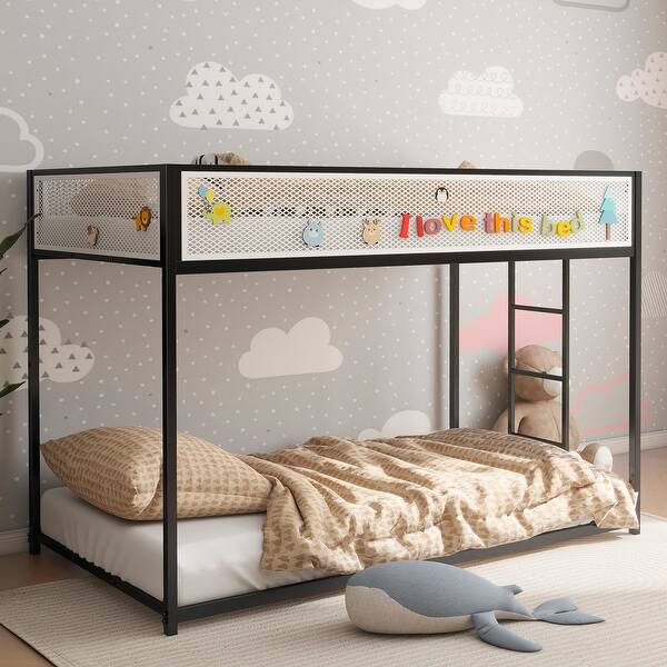 slide 2 of 9, Twin Twin Bunk Black with White Mesh Guard Rail Black - Twin