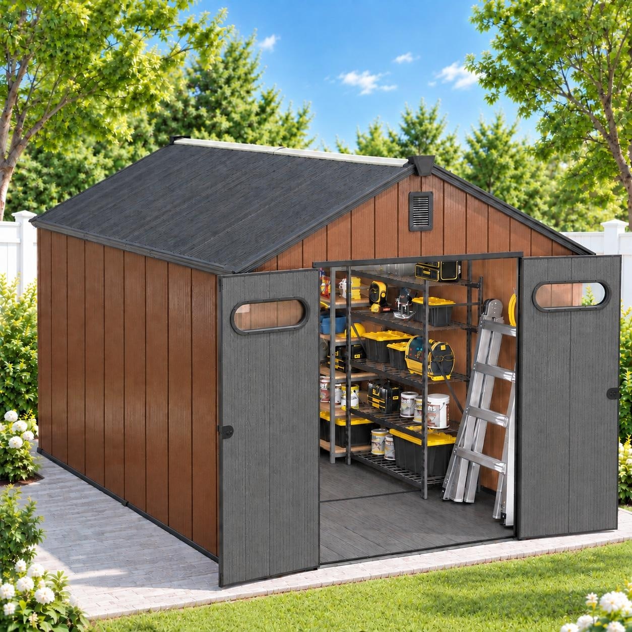 8X8/8X10/8X12 FT All-Weather Outdoor Resin Lockable Storage Shed with Windows Floor for Patio Furniture and Tools