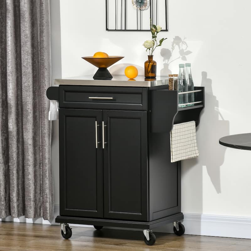 HOMCOM Rolling Kitchen Island Utility Storage Cart With Drawer, Spice Rack & Wheels - Black - Kitchen Cart - Stainless Steel - Black