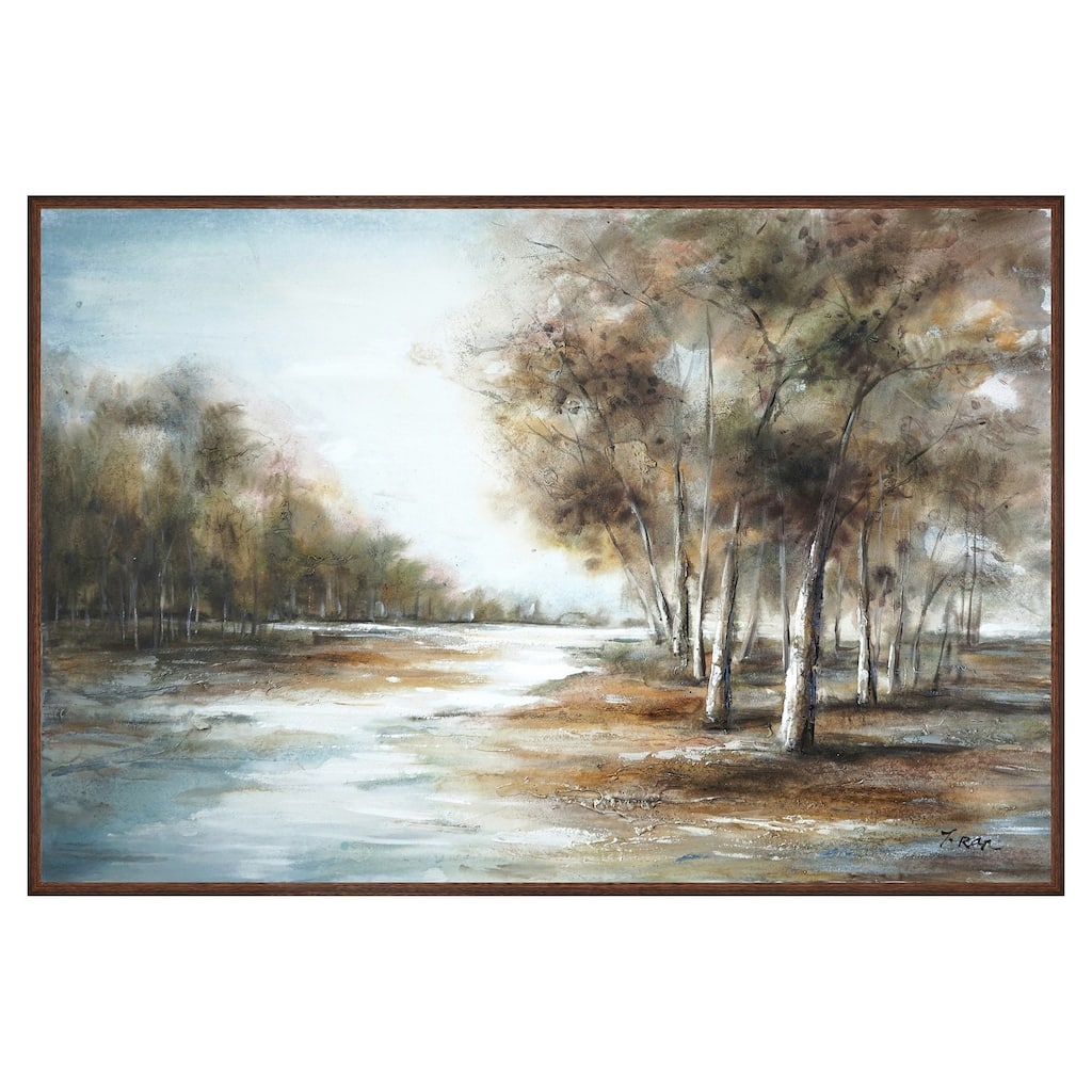 39 x 59 Hand Painted Forest Scenery, Resin Coat, Warm Blues and Browns - Green, Blue, White, Brown