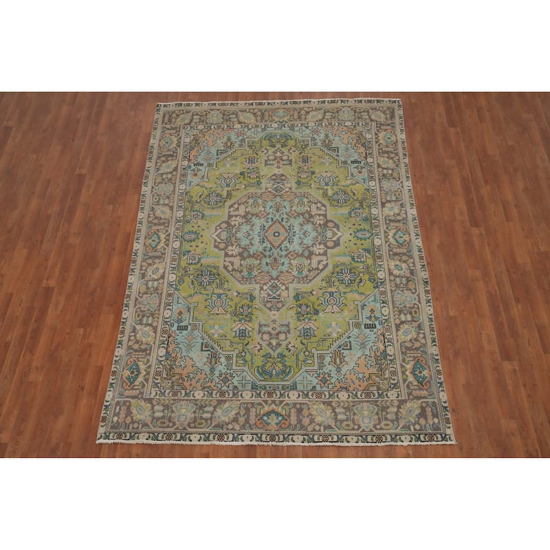 Hand Knotted Oriental 100% Wool Carpet Traditional Medallion Green Tabriz Area Rug - 9' 2'' X 6' 5''