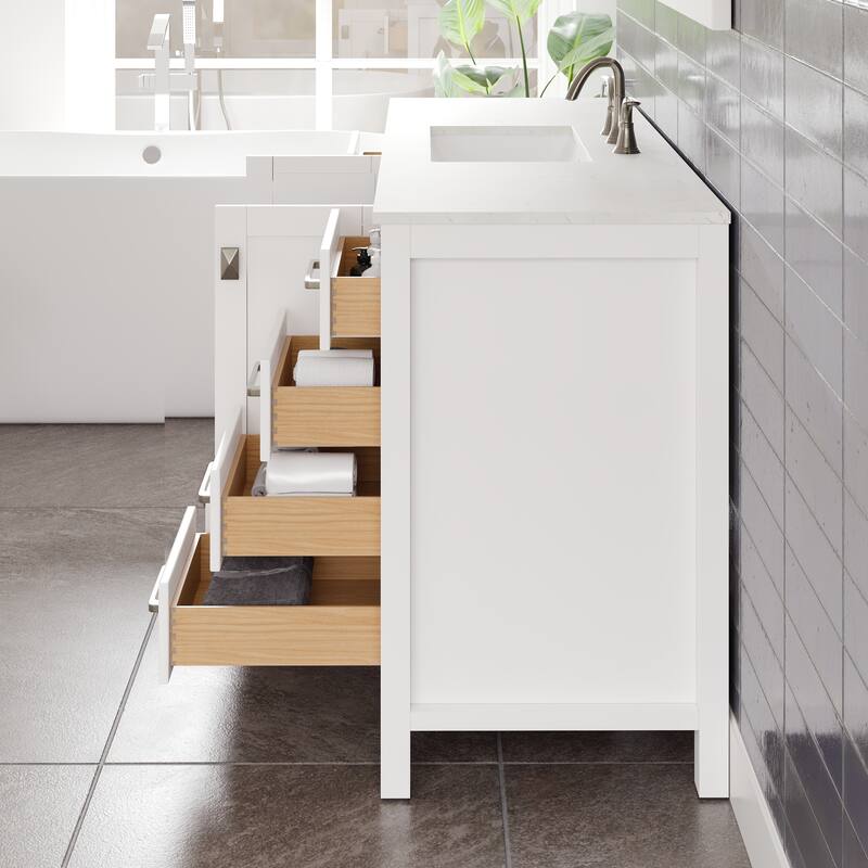 Eviva Aberdeen 60"W x 22"D Bathroom Vanity with White Carrara Quartz Countertop and Undermount Porcelain Sink