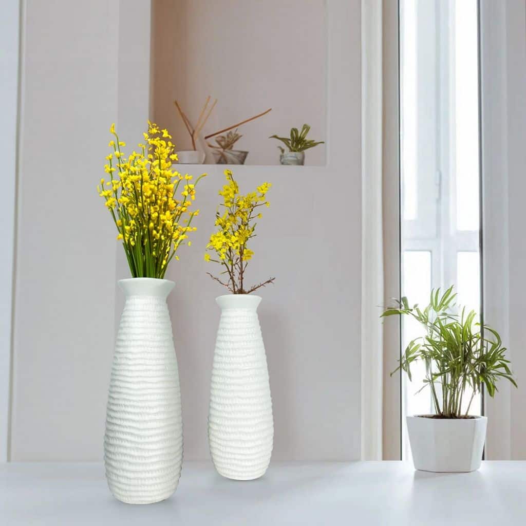 White Ceramic Vase Set of Two with Matte Finish and Cylindrical Shape