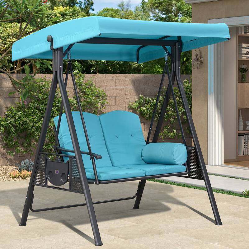 PURPLE LEAF 2-seat Outdoor Porch Swing with Adjustable Tilt Canopy and Stand - 2-seat - Turquoise Blue（V1)