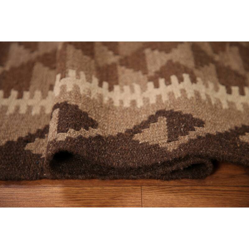 Brown Geometric Kilim Oriental Rug Flat-weave Wool Carpet - 3'4" x 4'10"