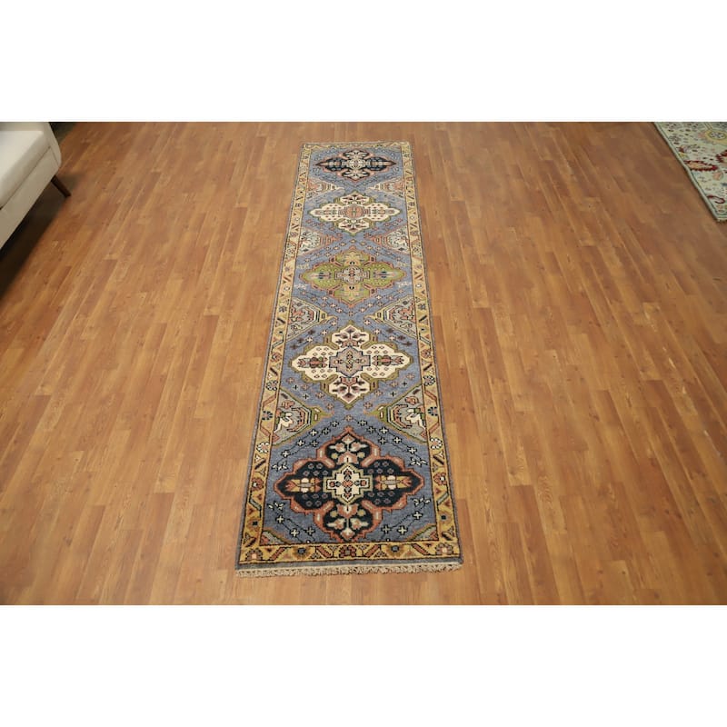 Hand Knotted Oriental 100% Wool Carpet Traditional Geometric Navy Blue & Blues Kazak Area Rug - 10' 2'' X 2' 6''