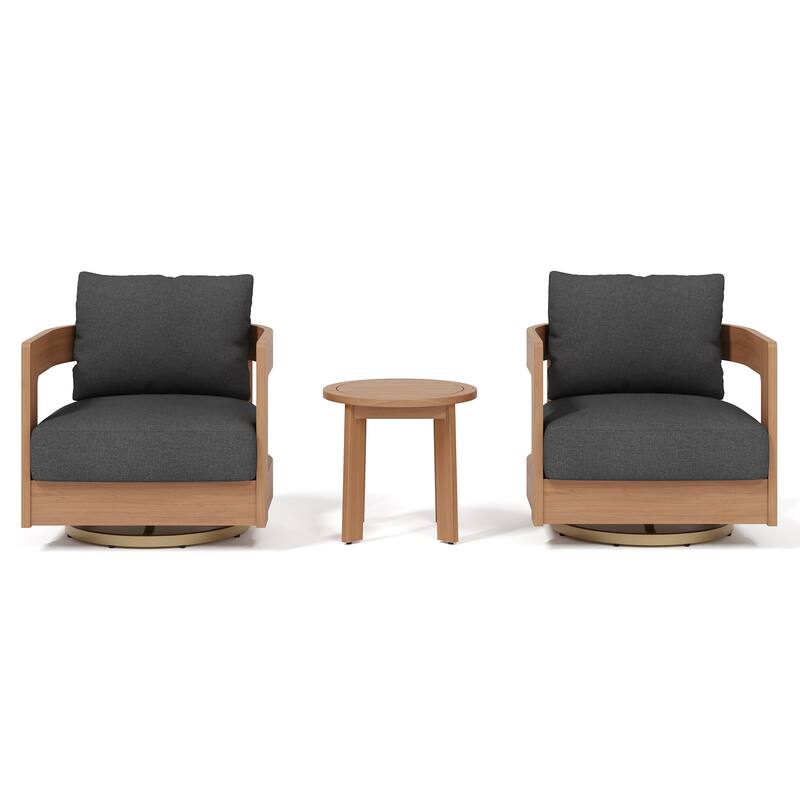 Outdoor 3-Piece Swivel Chair Conversation Set and Coffee Table in Eucalyptus Wood