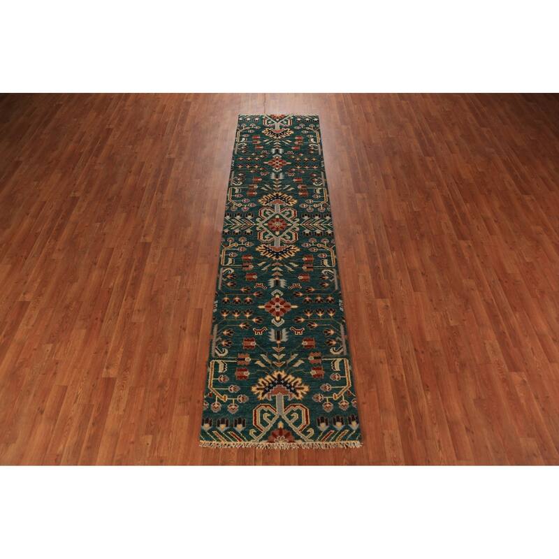 All-Over Green Kazak Indian Runner Rug Handmade Wool Carpet - 2'6"x 9'11"