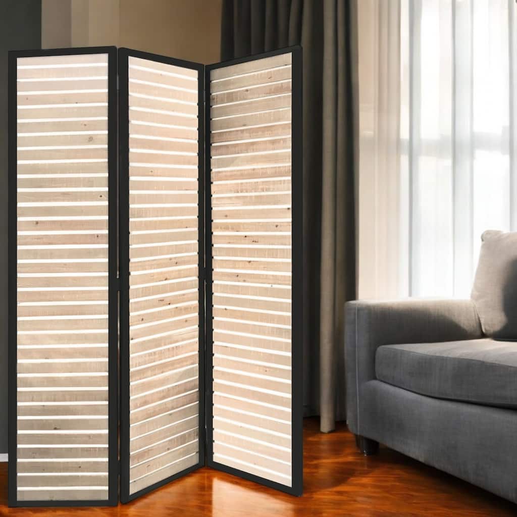 HomeRoots 67" Natural Wood and Iron Folding Three Panel Screen Room Divider - 41' X '67' X '1.5