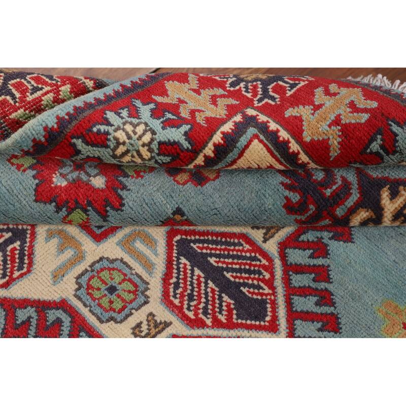 Light Blue Geometric Kazak Foyer Rug Hand-Knotted Oriental Wool Carpet - 3'5" x 4'10"