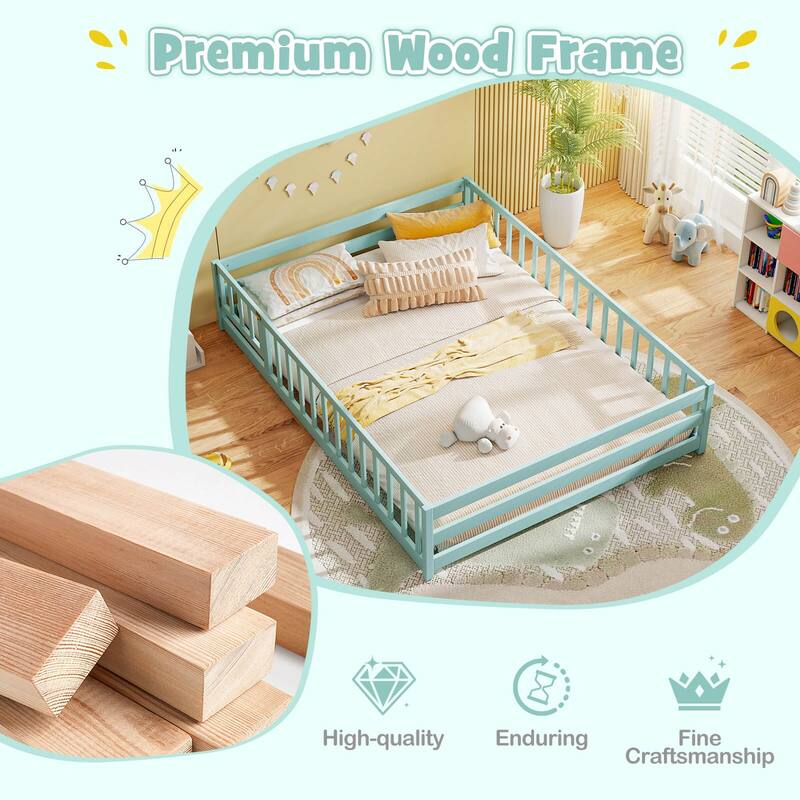 Costway Full Size Floor Bed with Full Length Safety Guardrails & Door