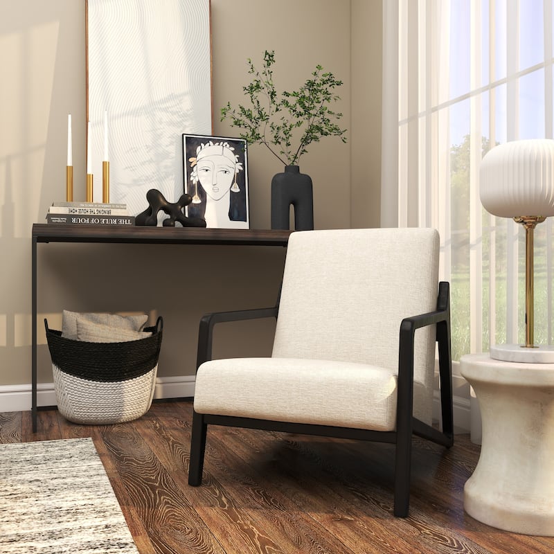 Polyester Mid Century Modern Boucle Accent Chair with Black Wood Frame - Cream - Roche River Decor
