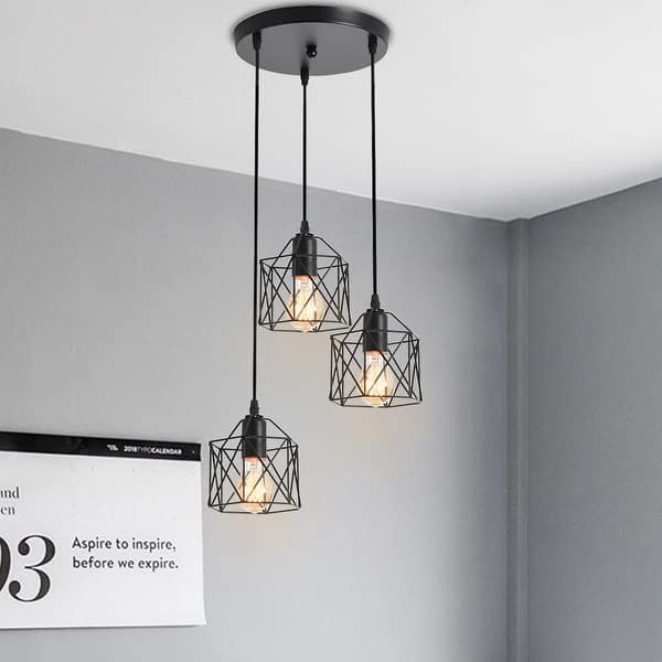 slide 7 of 6, Industrial Wrought Iron 3-Light Metal Cage Pendant Lighting - H6.1'' H6.1'' - Black