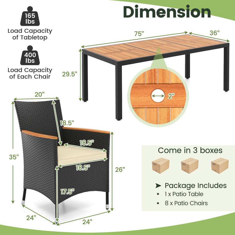 Costway 9 PCS Outdoor Dining Set with Acacia Wood Tabletop, Umbrella - See Details