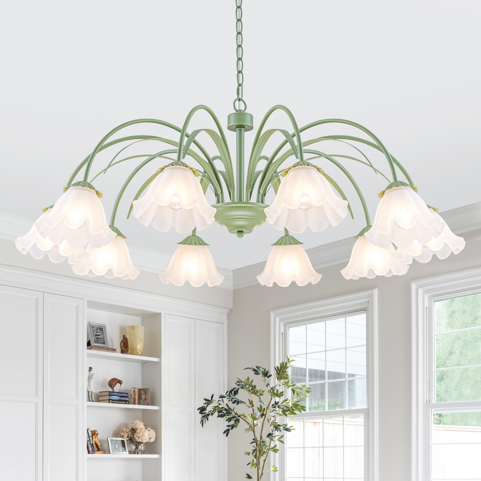 Botanical Green Chandelier with Floral Frosted Glass Shades