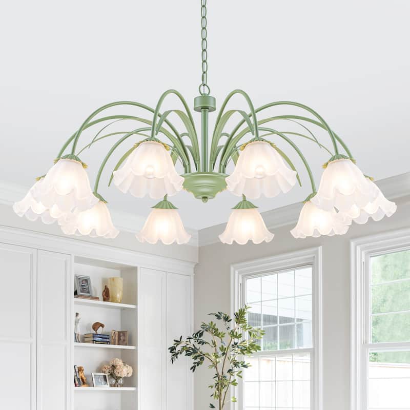 Botanical Green Chandelier with Floral Frosted Glass Shades - 10-Lights