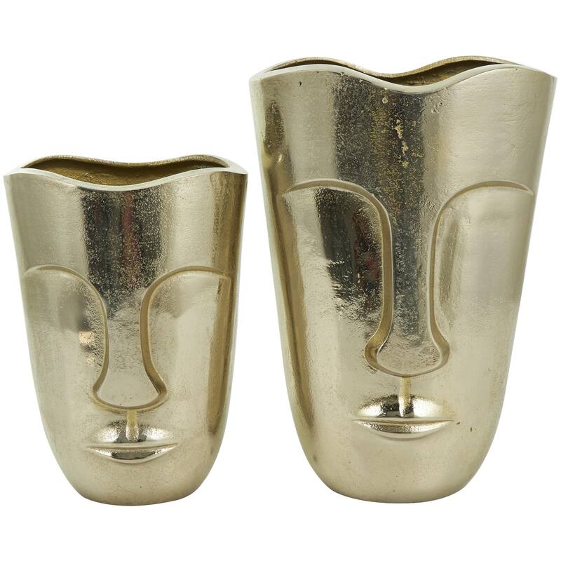 Aluminum Metal Face Decorative Vase with Abstract Details - Set of 2 Gold - Roche River Decor