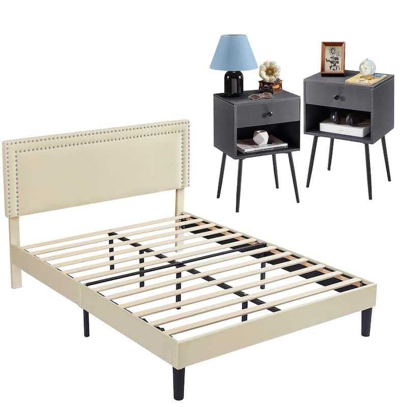 VECELO 3-Pieces Upholstered Platform Bed Frame with Adjustable Headboard and Nightstands Set of 2, Beige