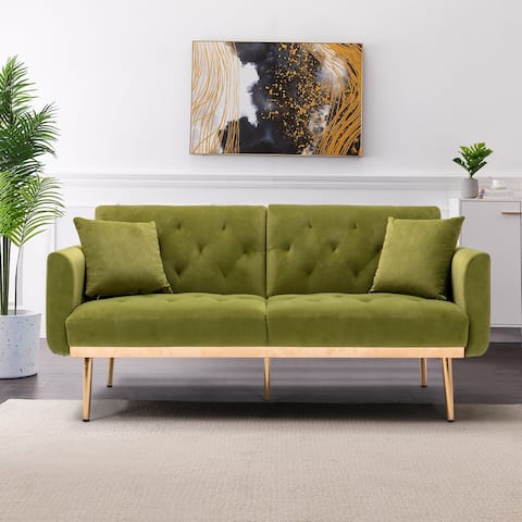 Modern 2 Seater Manual Recline Sofabed Velvet Tufted Back&Seat Accent Loveseat with 2 Pillows and Rose Gold Metal Legs