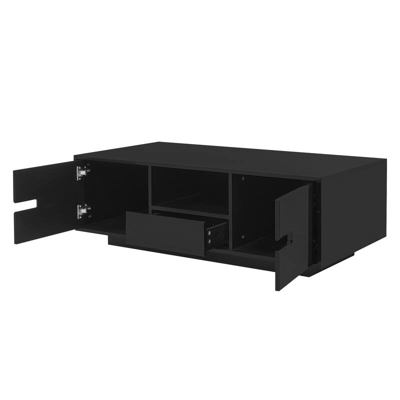 Roomfitters Modern Glossy Coffee Table with Storage Space and Light Accent, Rectangle Center Table for Living Room