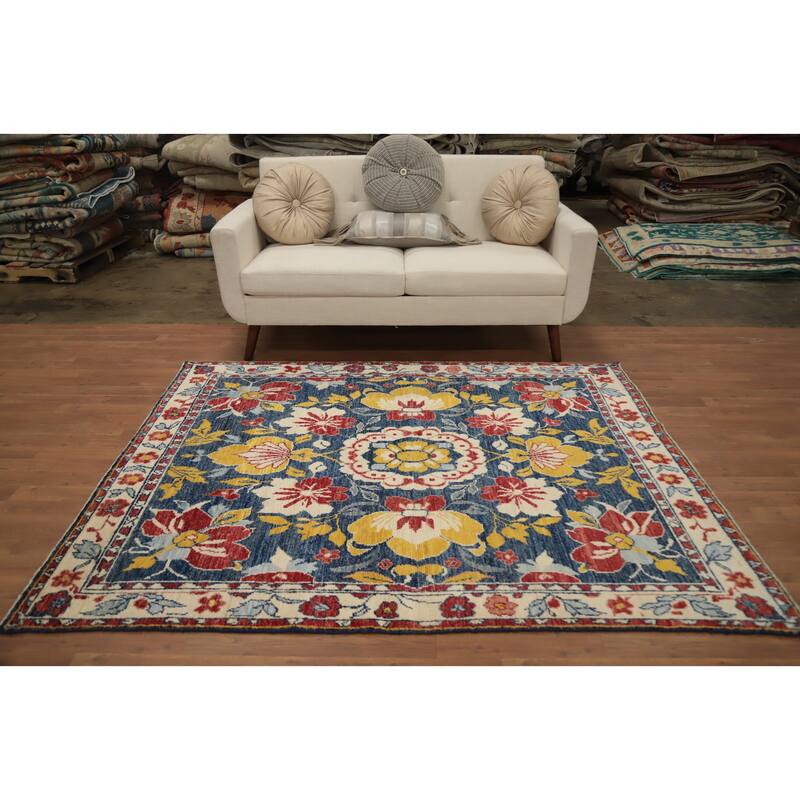 Hand Knotted Oriental 100% Wool Carpet Transitional Floral Navy Blue & Blues Oushak Area Rug - 6' 6'' X 5' 3''