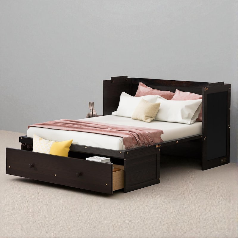 Full Size Murphy Bed Cabinet with USB Ports and Storage Drawer, Foldable Space-Saving Bed Frame