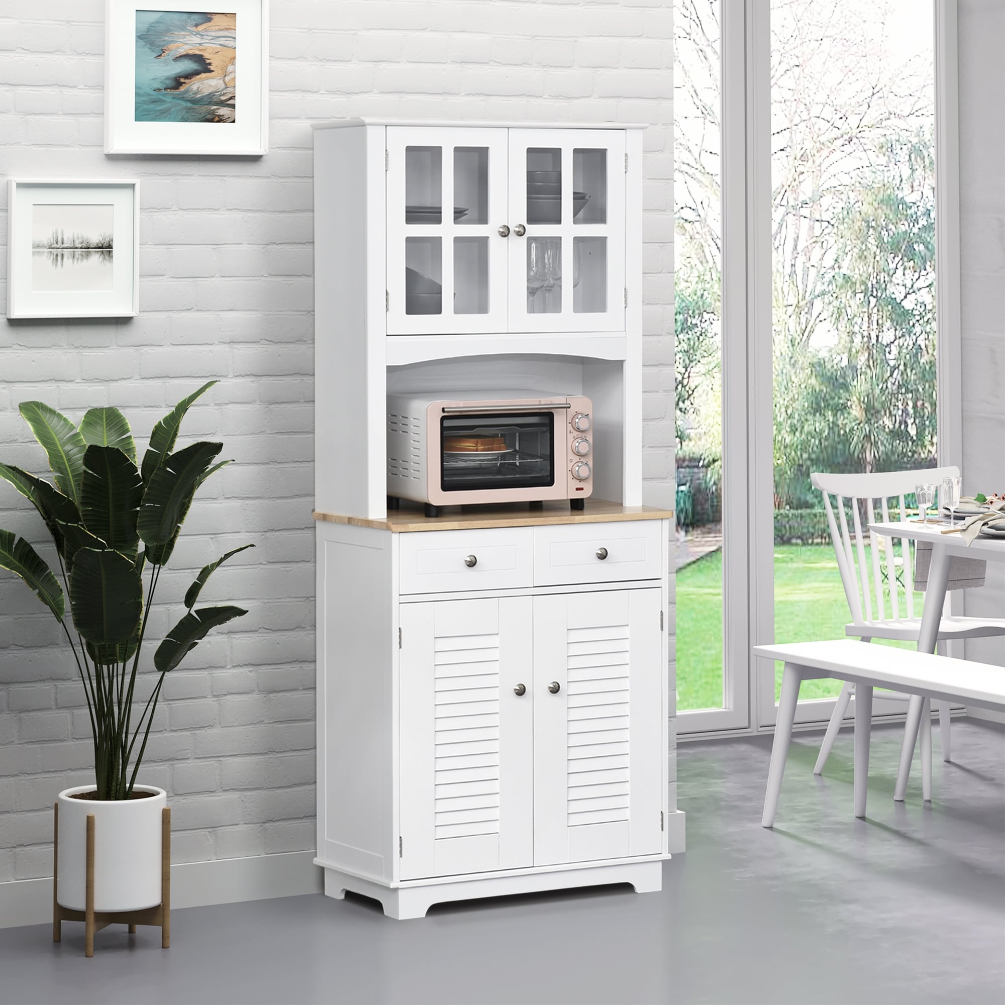 HOMCOM 67" Kitchen Buffet with Hutch, Pantry with Framed Glass Doors, Louvered Cabinets, Drawers, and Open Microwave Countertop