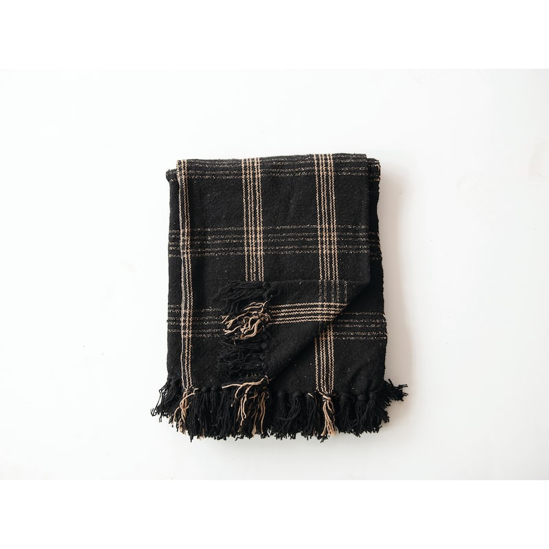 Plaid Black & Tan Fringed Woven Cotton Blend Throw