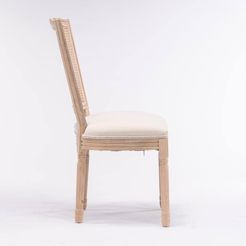 Solid Wood Frame Linen Fabric Square Rattan Back Dining Chair