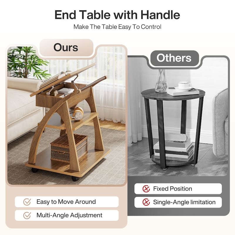 Side Table with Wheels, 3-Tier End Table with Adjustable Tabletop