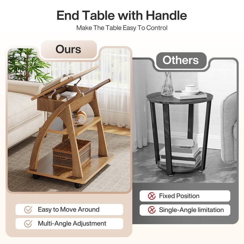 Side Table with Wheels, End Table for Couch with Adjustable Tabletop