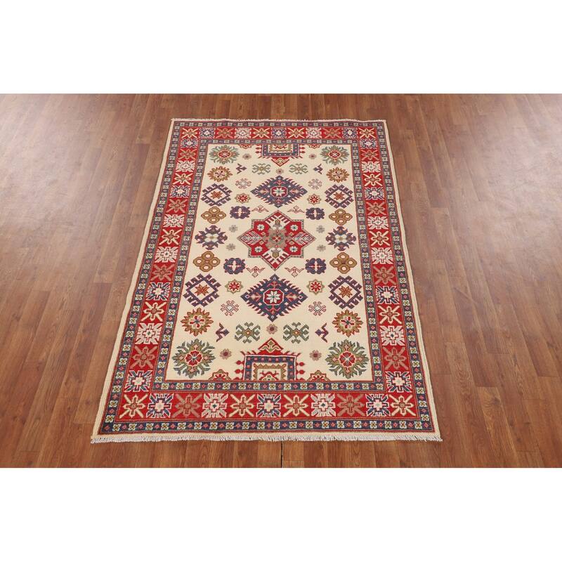 Ivory Kazak Accent Rug Hand-Knotted Wool Carpet - 4'1" x 6'4"