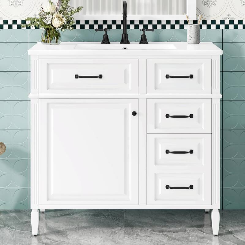 36-Inch Bathroom Vanity with Ceramic Sink Top, Solid Wood Frame and MDF Cabinet