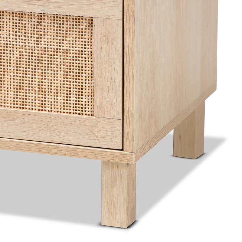 Sebille Mid-Century Modern Light Brown Finished Wood 3-Drawer Storage Cabinet with Natural Rattan
